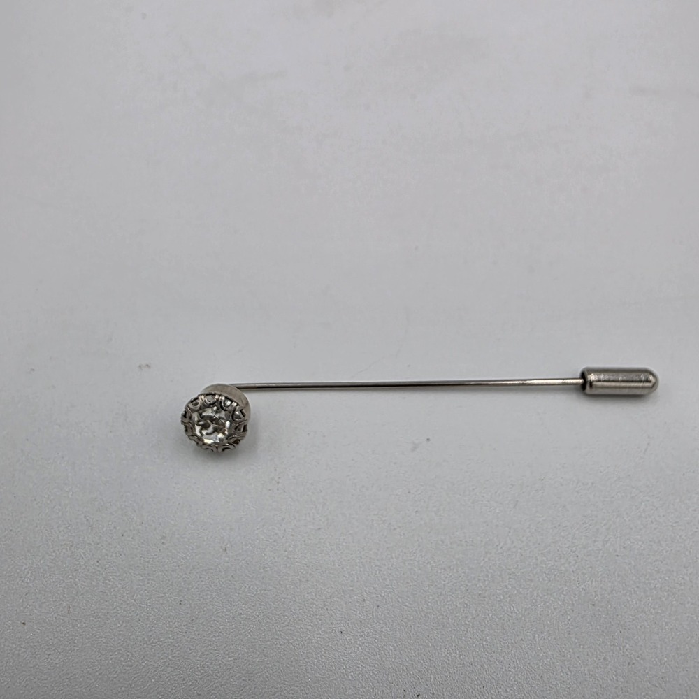 Round Cubic Zirconia Stick‎ Pin Lapel Brooch Hat Stick w/Stopper Silvertone 2.5"